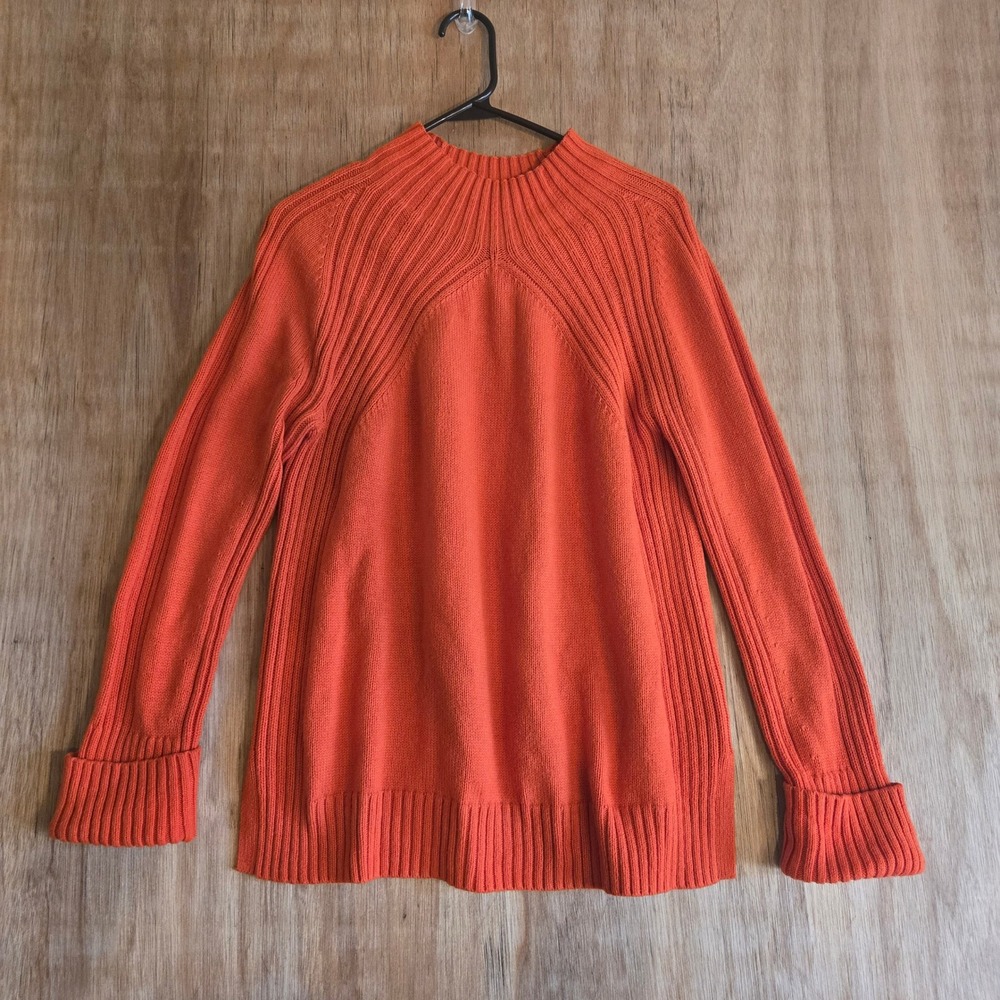 Orange Mock Neck Fall Ribbed Yoke Knit Sweater Cotton Merino Blend Women's Med
